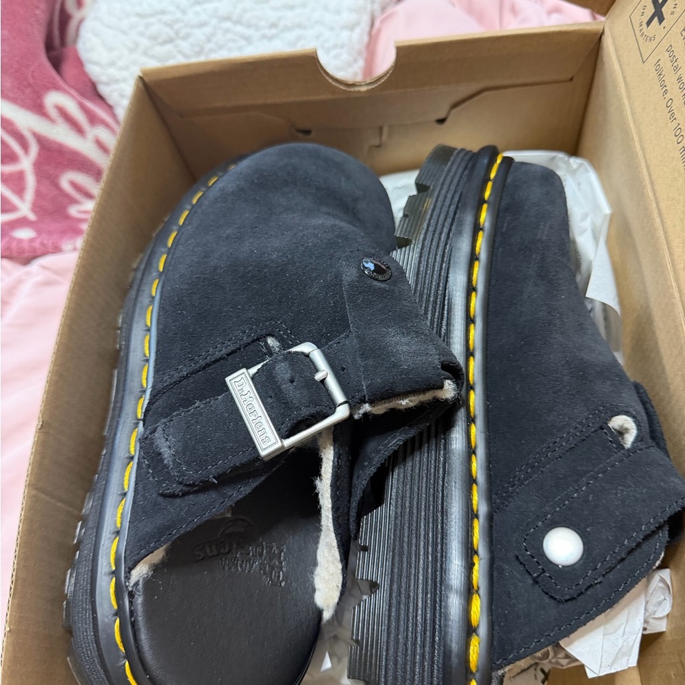 Dr. Martens Black Mules with Yellow Stitching